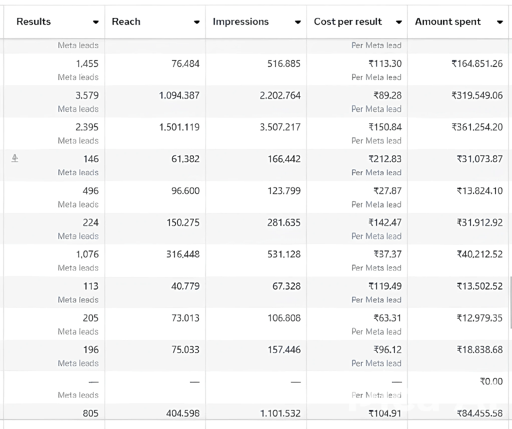 Meta Ads performance results: leads, reach, impressions and spend